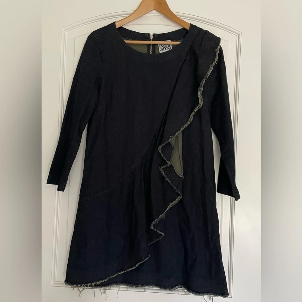 Prairie Underground Black Denim Avant Garde Dress Raw Hem Long Sleeve Size S - Picture 1 of 8